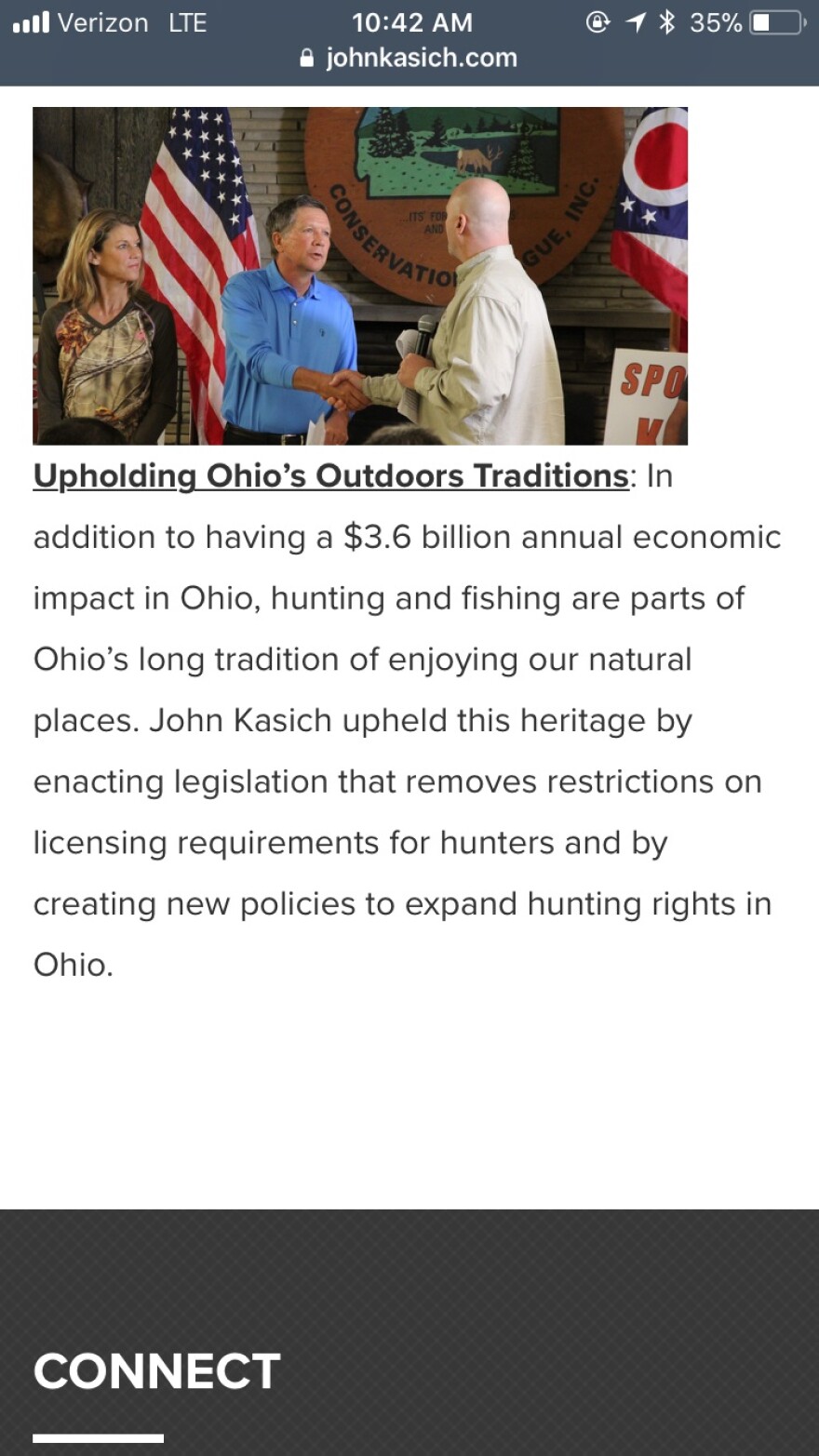 Screenshots of John Kasich's website before and after he changed the Second Amendment section of his campaign website.